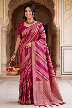 Gratifying Dark Pink Banarasi Khadi Silk Saree With Devastating Blouse Piece