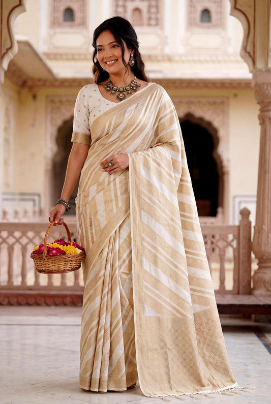 Ineffable Off White Banarasi Khadi Silk Saree With Elision Blouse Piece