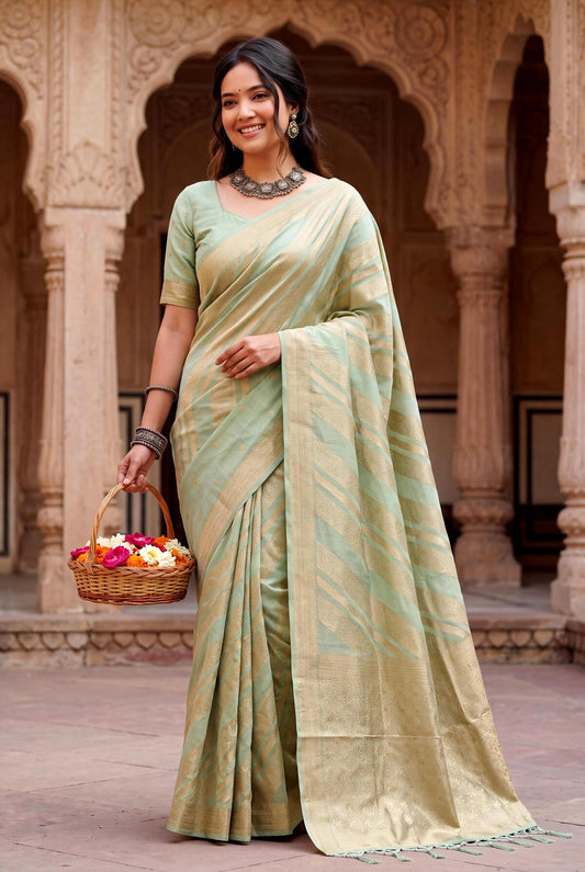 Stylish Pista Banarasi Khadi Silk Saree With Inspiring Blouse Piece