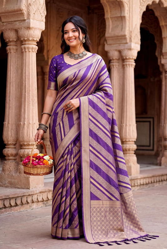 Entrancing Purple Banarasi Khadi Silk Saree With Incredible Blouse Piece