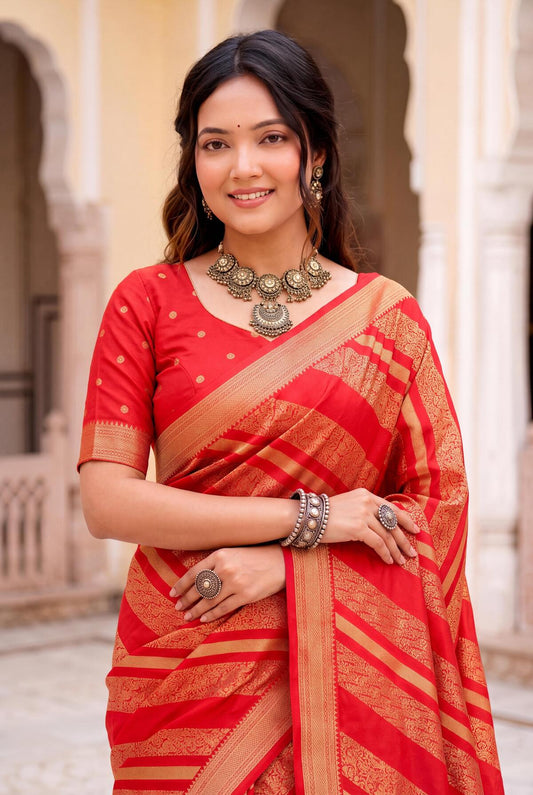 Hypnotic Red Banarasi Khadi Silk Saree With Radiant Blouse Piece