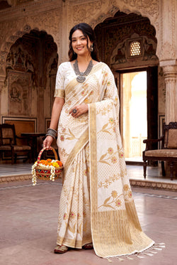 Gorgeous Off White Banarasi Khadi Silk Saree With Effulgent Blouse Piece