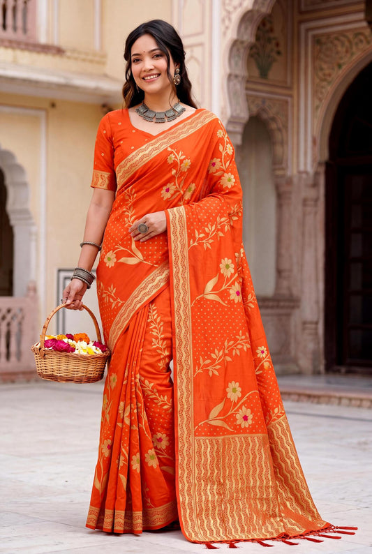 Flaunt Orange Banarasi Khadi Silk Saree With Moiety Blouse Piece