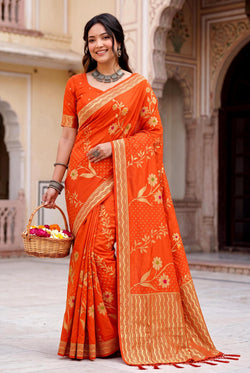 Flaunt Orange Banarasi Khadi Silk Saree With Moiety Blouse Piece