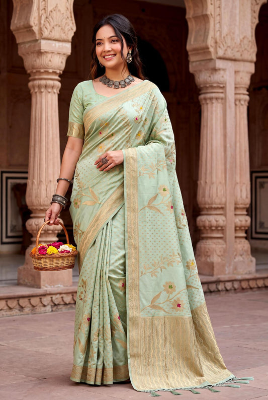 Assemblage Pista Banarasi Khadi Silk Saree With Ravishing Blouse Piece