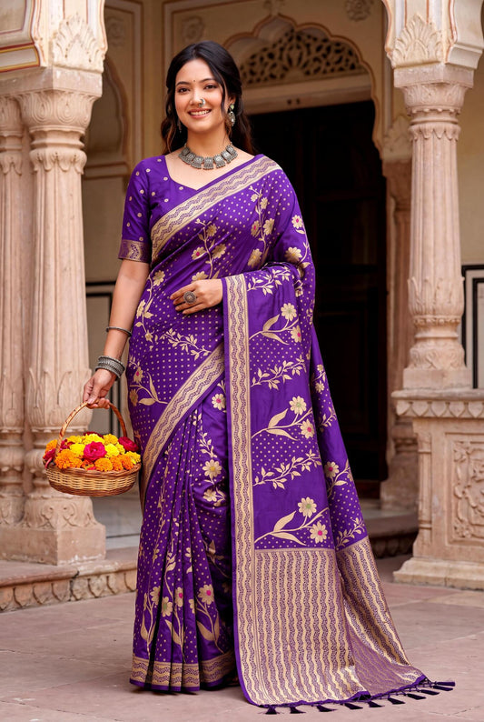 Marvellous Purple Banarasi Khadi Silk Saree With Ethnic Blouse Piece