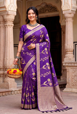 Marvellous Purple Banarasi Khadi Silk Saree With Ethnic Blouse Piece