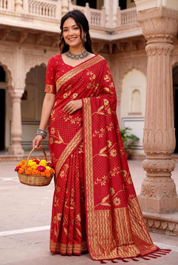 Brood Red Banarasi Khadi Silk Saree With Flameboyant Blouse Piece