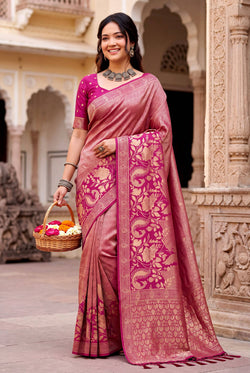 Girlish Dark Pink Khadi Georgette Banarasi Silk Saree With Charming Blouse Piece