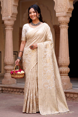 Evanescent Off White Khadi Georgette Banarasi Silk Saree With Cynosure Blouse Piece
