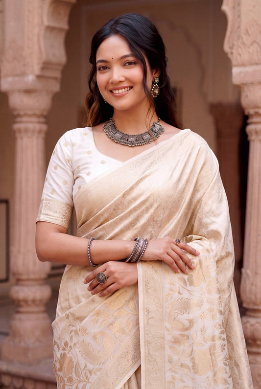 Evanescent Off White Khadi Georgette Banarasi Silk Saree With Cynosure Blouse Piece