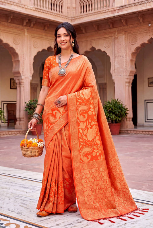Twirling Orange Khadi Georgette Banarasi Silk Saree With Glittering Blouse Piece
