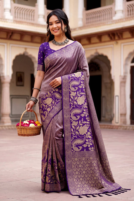 Incomparable Purple Khadi Georgette Banarasi Silk Saree With Ephemeral Blouse Piece