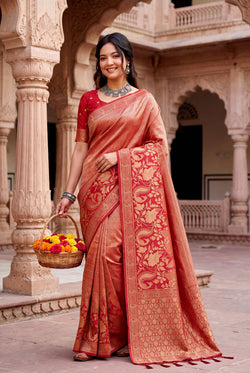 Outstanding Red Khadi Georgette Banarasi Silk Saree With Quixotic Blouse Piece
