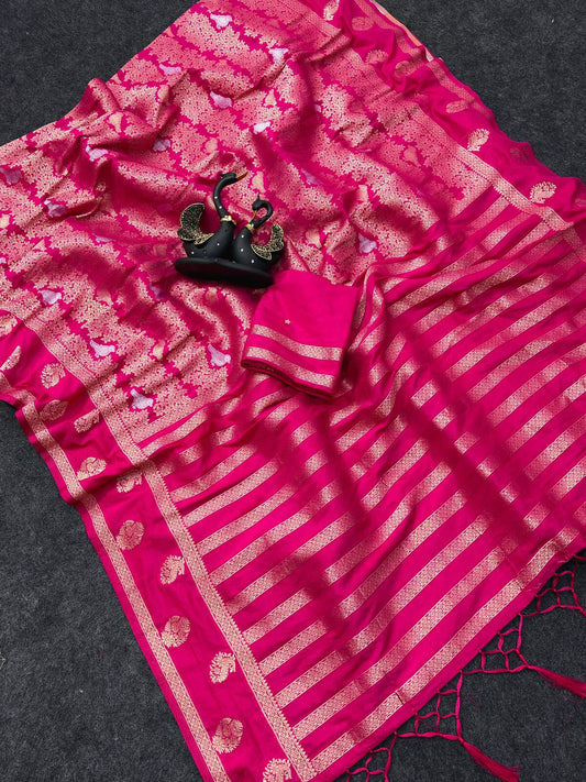 Zephyr Dark Pink Khadi Georgette Banarasi Silk Saree With Jubilant Blouse Piece