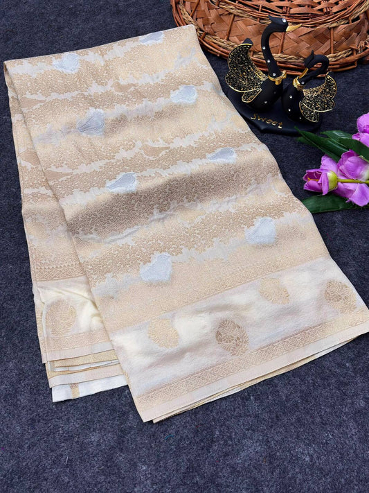 Resonant Off White Khadi Georgette Banarasi Silk Saree With Tantalizing Blouse Piece