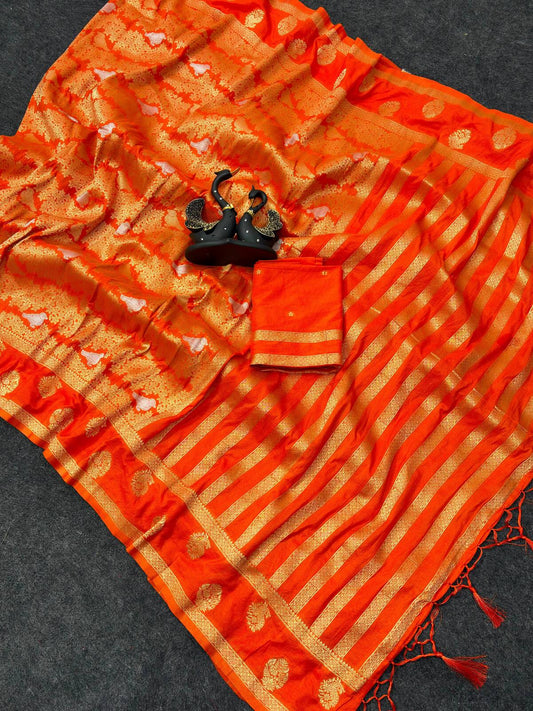 Panache Orange Khadi Georgette Banarasi Silk Saree With Deserving Blouse Piece