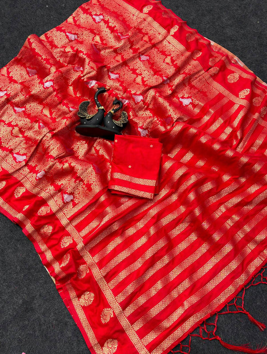 Inspiring Red Khadi Georgette Banarasi Silk Saree With Exuberant Blouse Piece