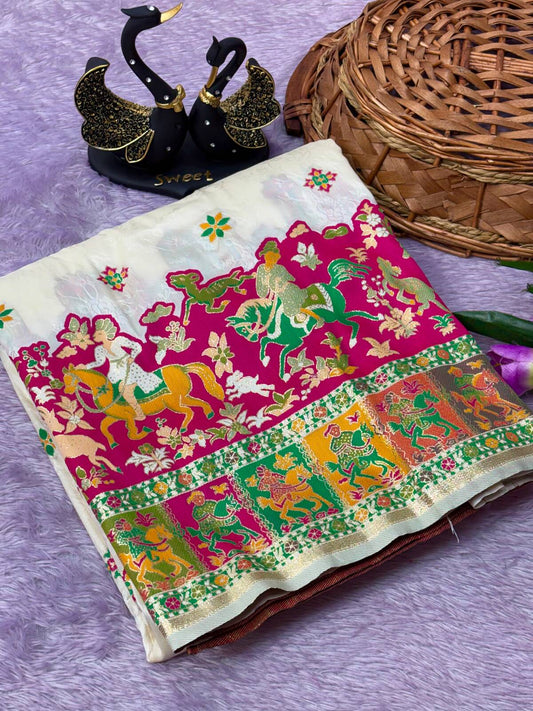 Skinny Off White Pashmina Saree With Eloquence Blouse Piece
