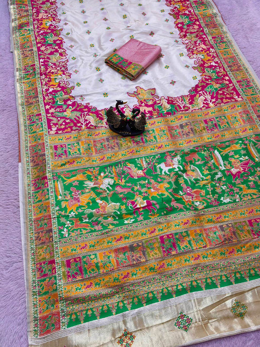 Skinny Off White Pashmina Saree With Eloquence Blouse Piece