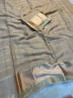 Sizzling Beige Banarasi Viscose Silk Saree With Assemblage Blouse Piece