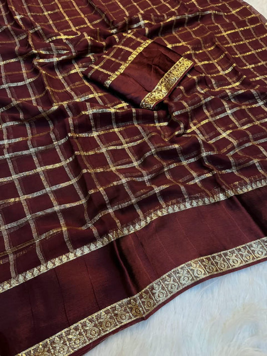 Fairytale Brown Banarasi Viscose Silk Saree With Mesmerising Blouse Piece