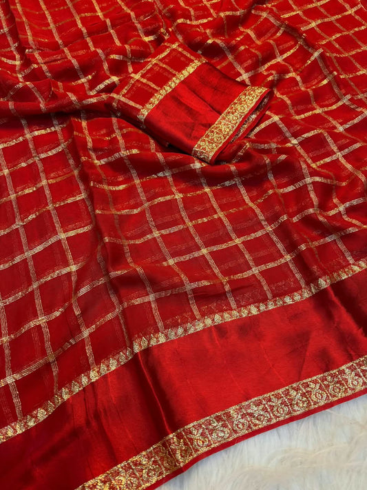 Designer Red Banarasi Viscose Silk Saree With Breathtaking Blouse Piece