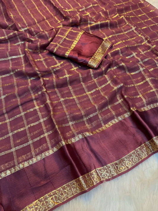 Trendy Wine Banarasi Viscose Silk Saree With Pretty Blouse Piece