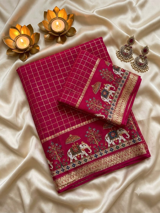 Desultory Dark Pink Banarasi Viscose Silk Saree With Imbrication Blouse Piece