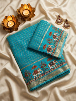 Embrocation Firozi Banarasi Viscose Silk Saree With Blooming Blouse Piece