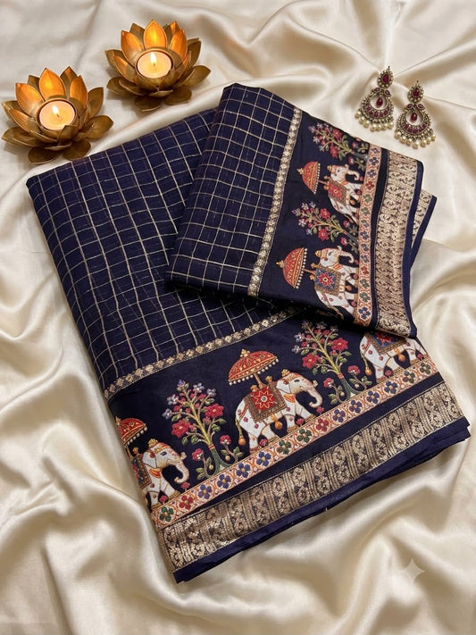 Eclat Navy Blue Banarasi Viscose Silk Saree With Refreshing Blouse Piece
