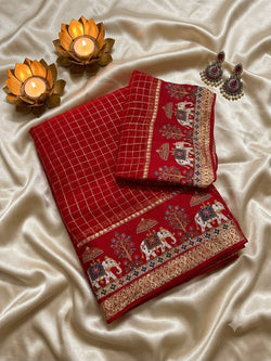 Ailurophile Red Banarasi Viscose Silk Saree With Efflorescence Blouse Piece