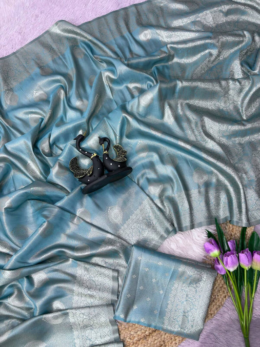 Nectarous Firozi Banarasi Tissue Silk Saree With Resplendent Blouse Piece