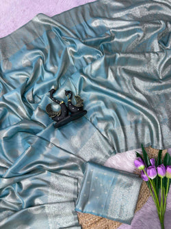 Nectarous Firozi Banarasi Tissue Silk Saree With Resplendent Blouse Piece