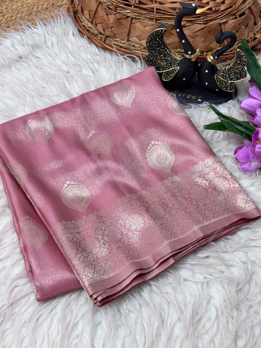 Gratifying Pink Banarasi Tissue Silk Saree With Phenomenal Blouse Piece