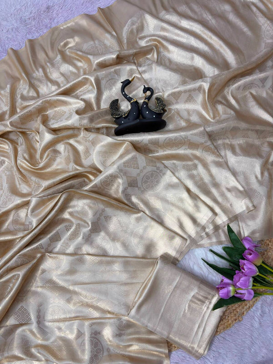 Grandiose Beige Banarasi Tissue Silk Saree With Serendipity Blouse Piece