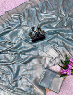 Rhapsody Firozi Banarasi Tissue Silk Saree With Opulent Blouse Piece