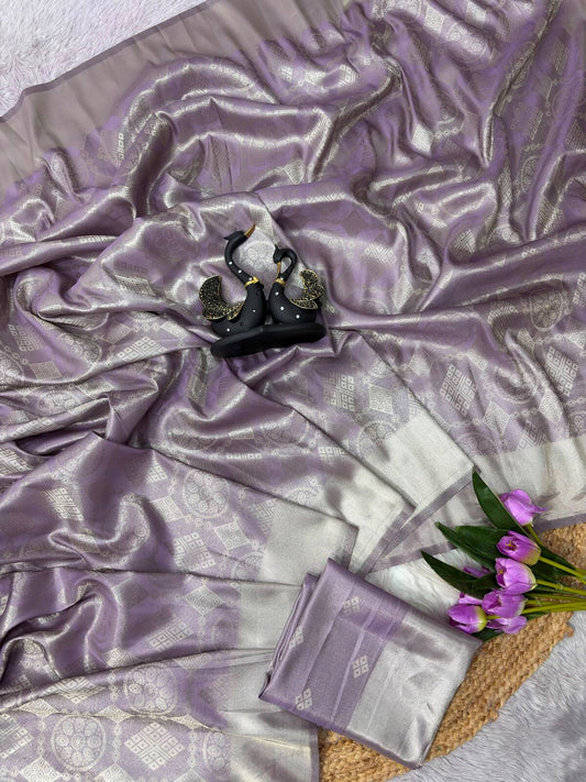 Beleaguer Lavender Banarasi Tissue Silk Saree With Flaunt Blouse Piece