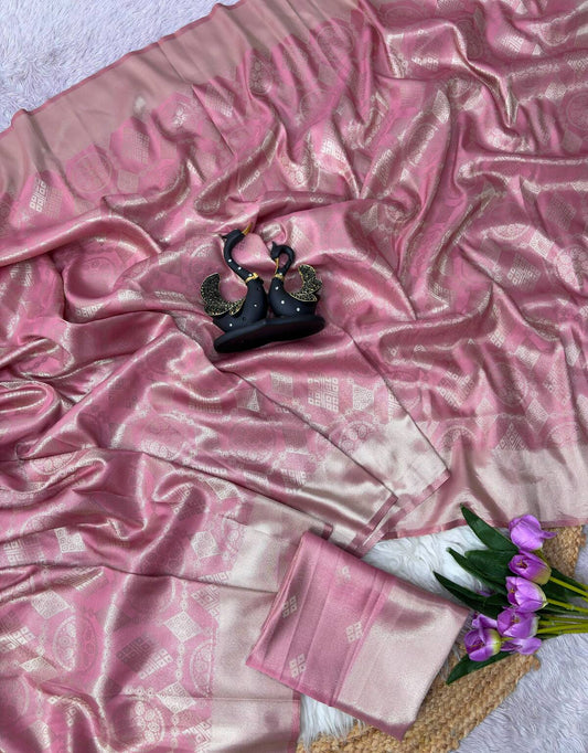 Dalliance Pink Banarasi Tissue Silk Saree With Vibrant Blouse Piece