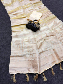 Redolent Beige Khadi Georgette Banarasi Silk Saree With Glamorous Blouse Piece