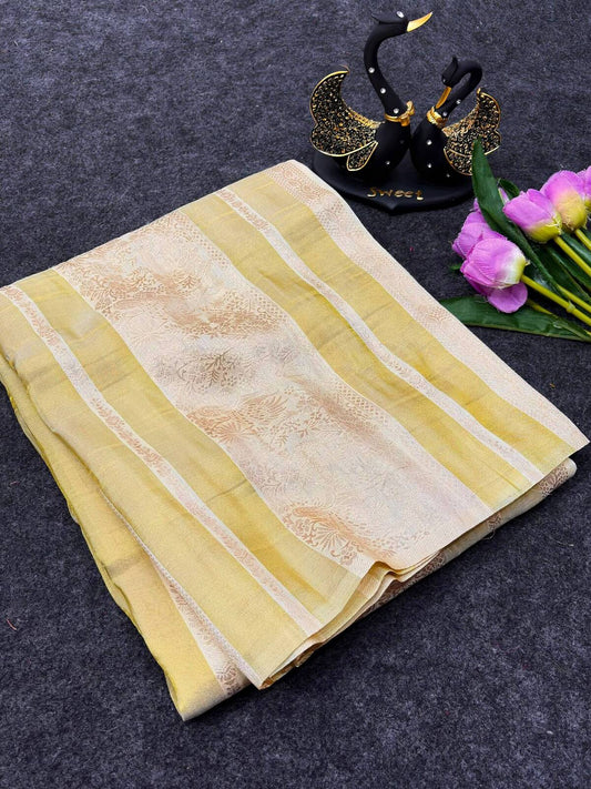 Redolent Beige Khadi Georgette Banarasi Silk Saree With Glamorous Blouse Piece