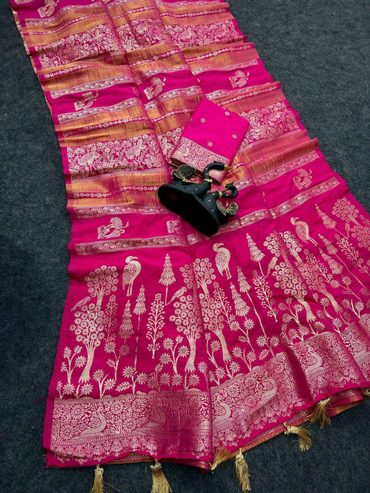 Panoply Dark Pink Khadi Georgette Banarasi Silk Saree With Comely Blouse Piece