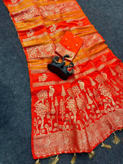 Sensational Orange Khadi Georgette Banarasi Silk Saree With Admirable Blouse Piece