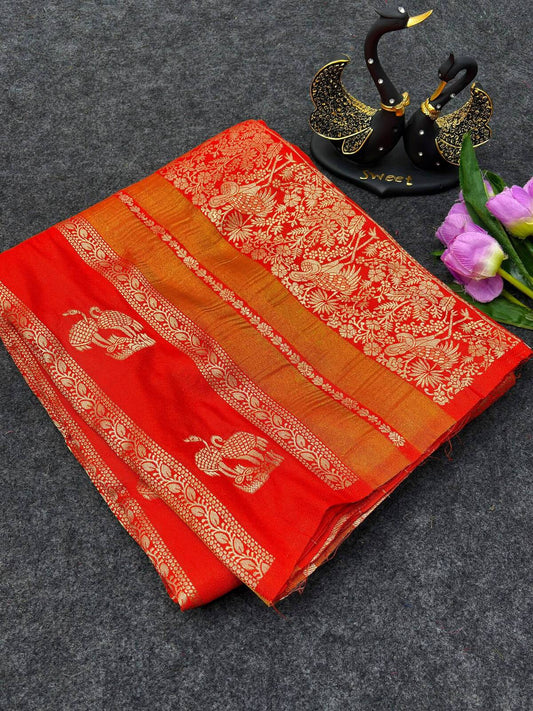 Sensational Orange Khadi Georgette Banarasi Silk Saree With Admirable Blouse Piece