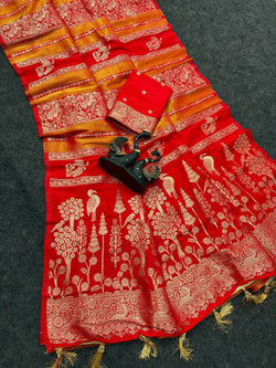 Symmetrical Red Khadi Georgette Banarasi Silk Saree With Epiphany Blouse Piece