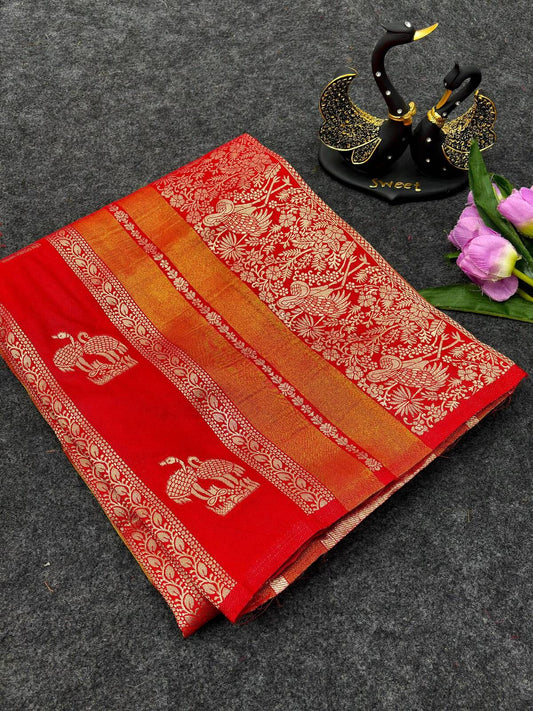 Symmetrical Red Khadi Georgette Banarasi Silk Saree With Epiphany Blouse Piece