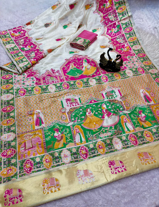 Breathtaking Beige Pashmina Saree With Artistic Blouse Piece