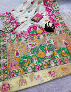 Breathtaking Beige Pashmina Saree With Artistic Blouse Piece