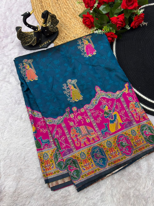 Quixotic Navy Blue Pashmina Saree With Incredible Blouse Piece