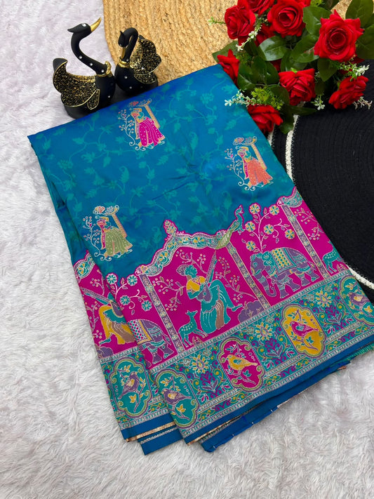 Embrocation Rama Pashmina Saree With Vestigial Blouse Piece